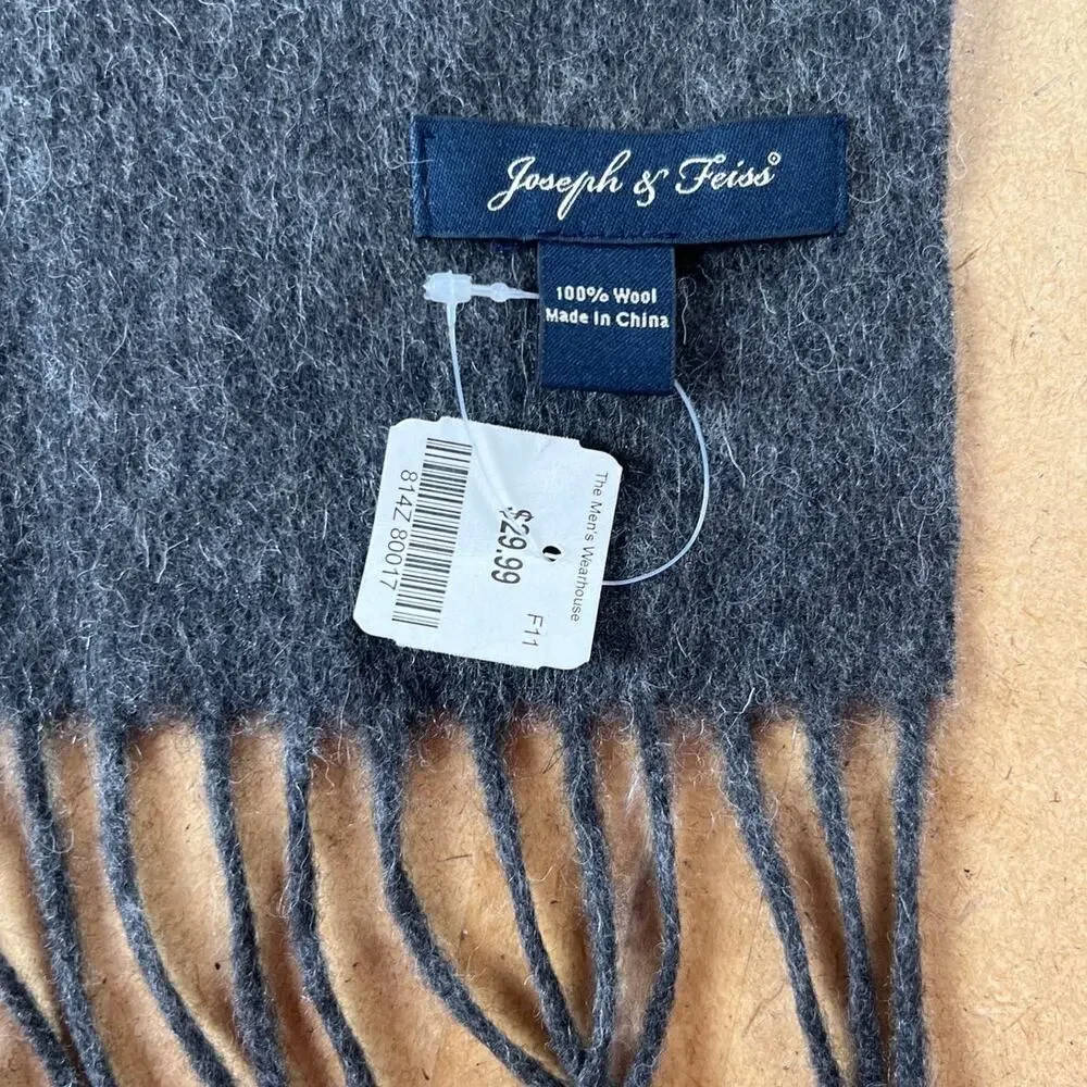 NWT Joseph & Feiss 100% Wool Scarf Charcoal Gray Fringe Classic Men's Winter